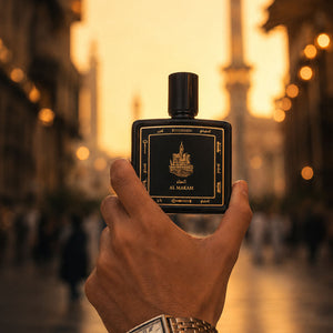 Hand holding Al Makam perfume bottle 80ml from taif al emarat perfumes - image showing luxury lifestyle - long lasting leather perfume