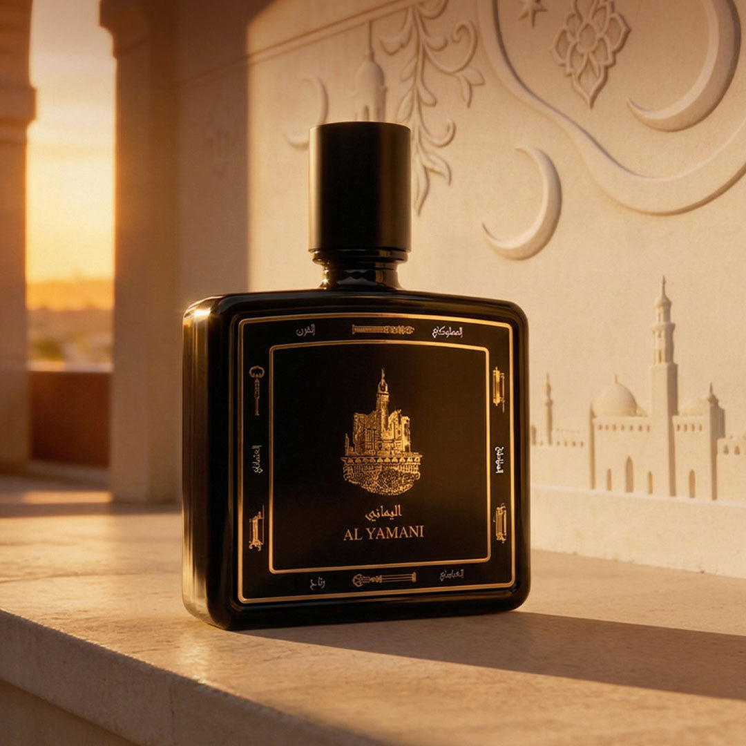 Al Yamani perfume bottle 80ml from taif al emarat perfumes on marble edge at dusk - powerful musk and amber perfume