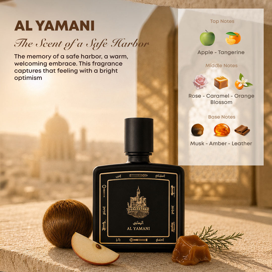 Al Yamani perfume bottle 80ml with ingredients, apple, caramel, tangerine, rose, orange, blossom, musk, amber, leather - powerful musk and amber perfume