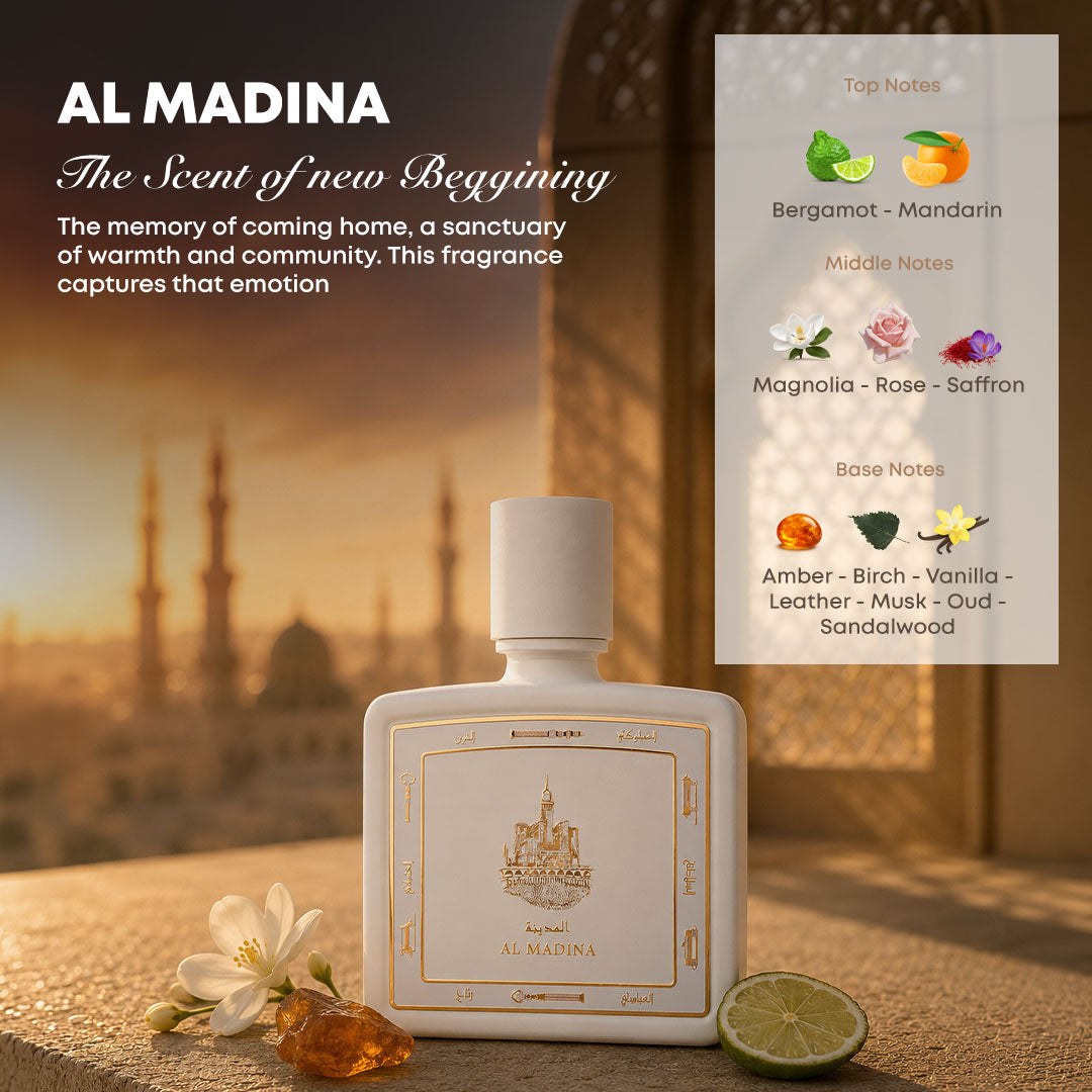 Al Madina perfume bottle 80ml with ingredients, bergamot, mandarin, magnolia, rose, saffron, amber, birch, vanilla, leather, musk, oud, sandalwood - luxurious madina fragrance