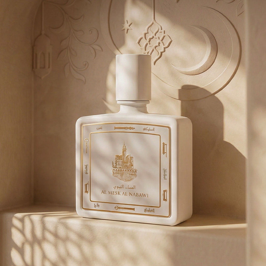 Al Mesk Al Nabawi perfume bottle 80ml from taif al emarat perfumes - white premium perfume bottle on crem color marble  - a rich rose musk perfume