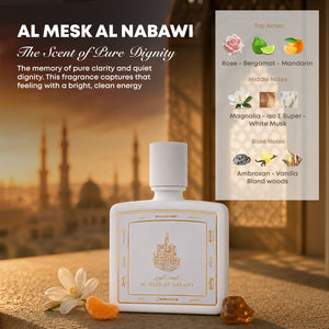 Al Mesk Al Nabawi perfume bottle 80ml with ingredients, rose bergamot, mandarin, magnolia, iso e supper, white musk, amberoxan, vanilla, blond woods  - a rich rose musk perfume