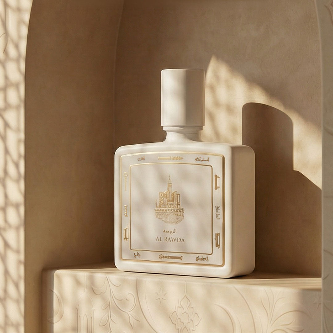 Al Rawda perfume bottle 80ml from taif al emarat perfumes, resting on ledge of a marble - strong amber perfume