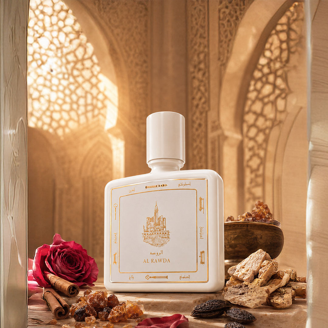 Al Rawda perfume bottle 80ml surrounded by rose, cinnamon and amber - strong amber perfume