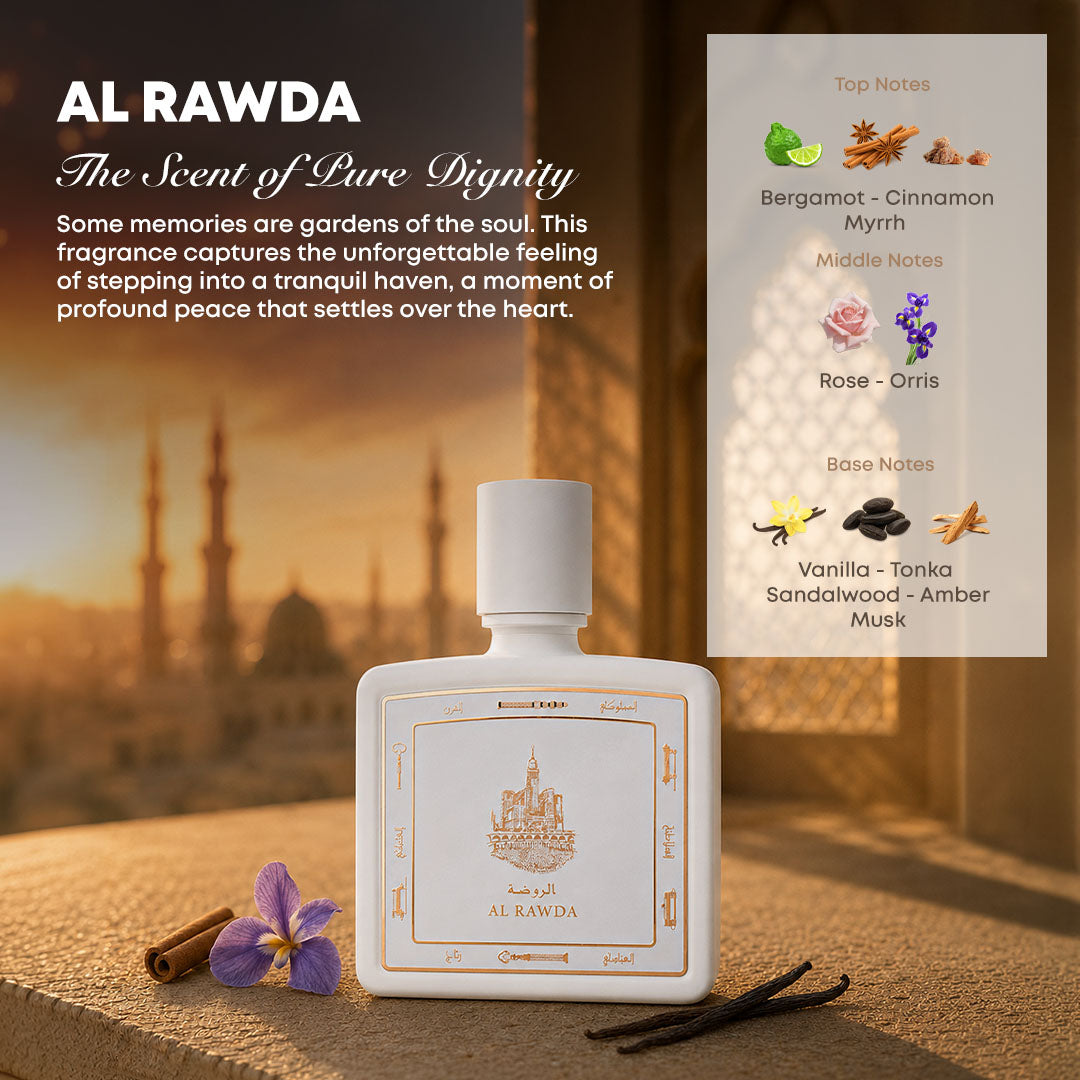 Al Rawda perfume bottle 80ml with ingredients, bergamot, cinnamon, myrrh, rose, orris, vanilla, tonka, sandalwood, amber, musk - strong amber perfume