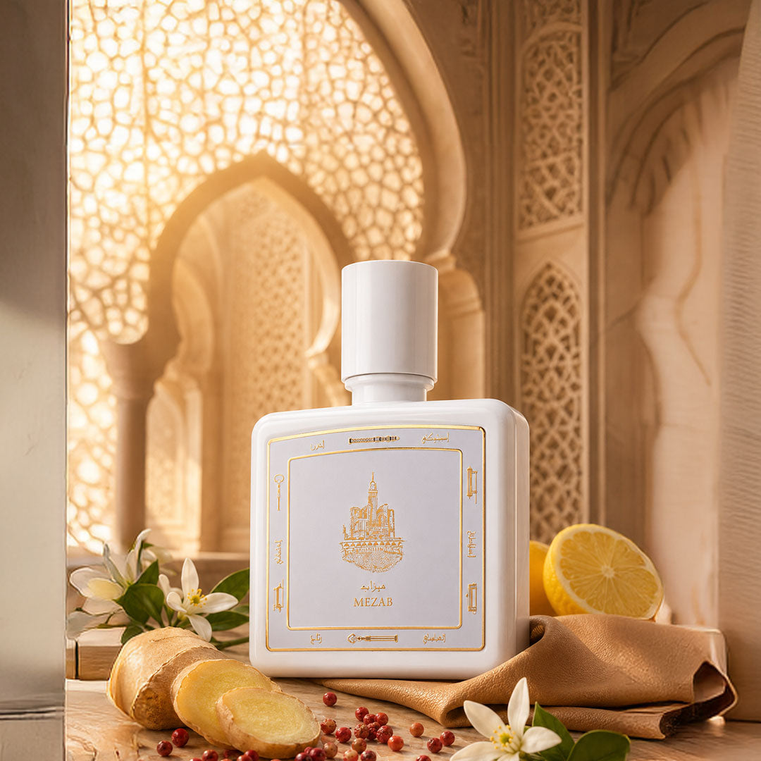 Mezab perfume bottle 80ml surrounded by jasmine, lemon and pink pepper - powerful leather oud perfume