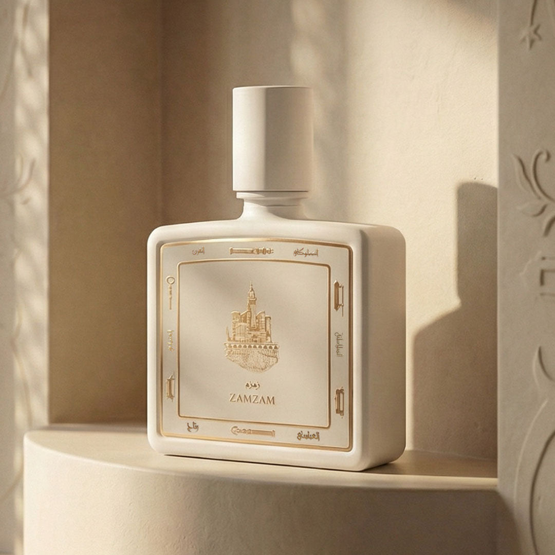 Zamzam perfume bottle 80ml on ledge with warm sunlight from taif al emarat perfumes - elegant cambodian oud perfume