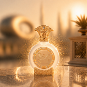 EMIRATES LAND men's perfume bottle 75ml glowing on golden marble table - greatest men's fragrances of all time