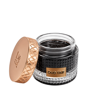 Open frosted jar revealing oud bakhoor pieces - Bakhour Oud Taif - luxury arabic smell bakhoor in uae