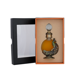 PEACOCK P002 oriental oil bottle 12ml resting in open box - elegant oud oil perfume