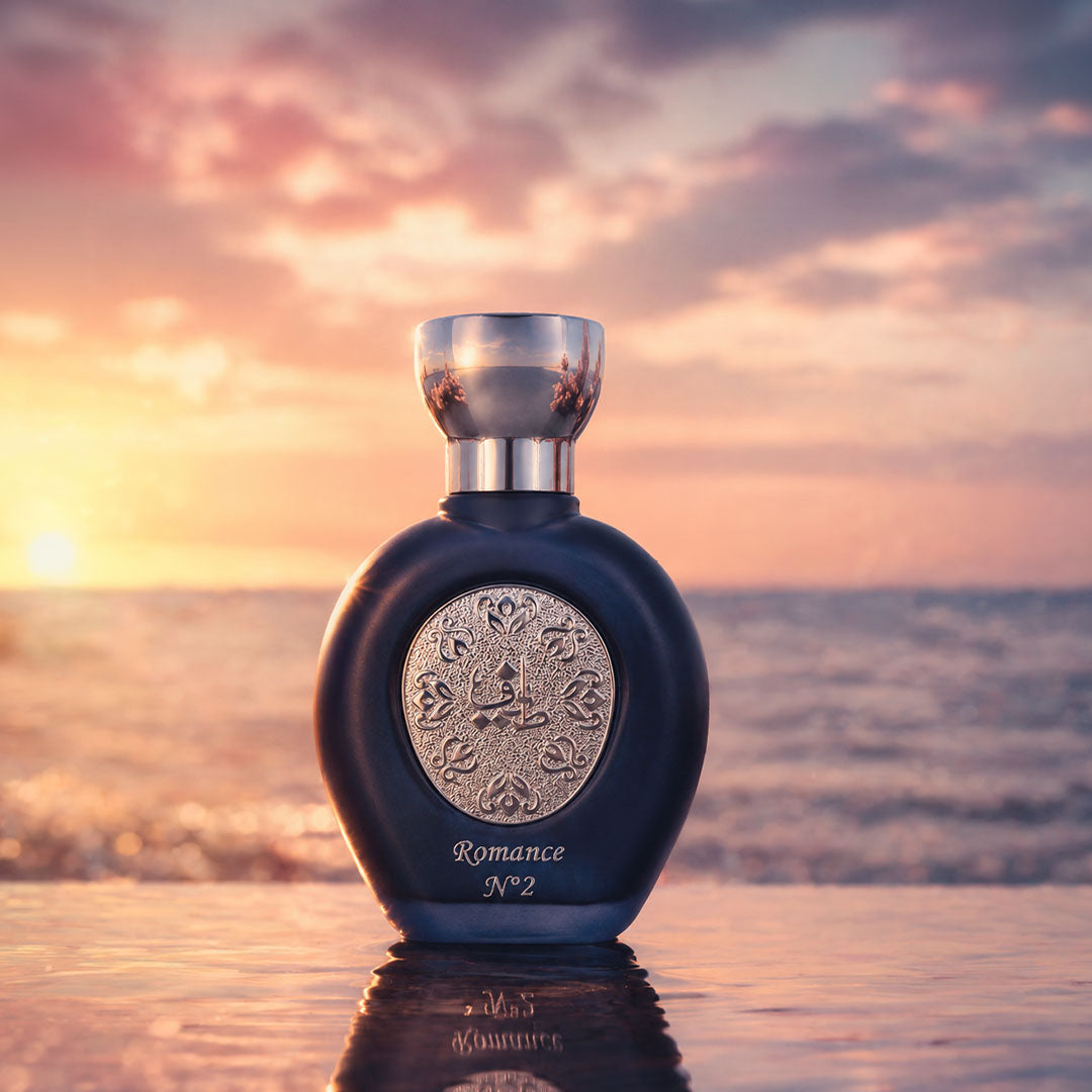 ROMANCE N°2 women's perfume bottle 75ml glowing above sunset ocean waters - top latest fragrance for women