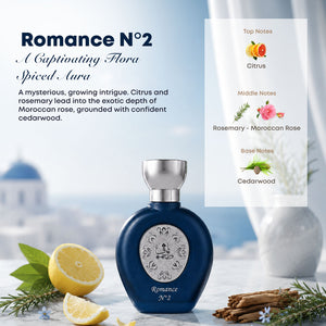 ROMANCE N°2 women's perfume bottle 75ml with ingredients, citrus, rosemary, moroccan rose, cedarwood - top latest fragrance for women