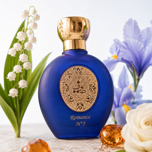 ROMANCE N°5 women's perfume bottle 75ml beside white flower, amber and iris flowers - top luxury perfume for women