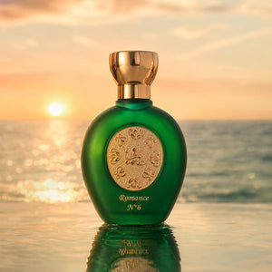 ROMANCE N°6 women's perfume bottle 75ml from taif al emarat perfumes reflecting on ocean sunset - elegant royal perfume