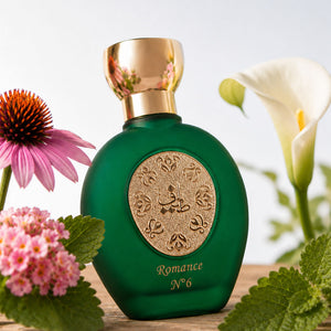 ROMANCE N°6 women's perfume bottle 75ml surrounded by purple coneflower, lantana rose, and delphinium - elegant royal perfume