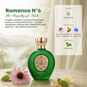 ROMANCE N°6 women's perfume bottle 75ml with ingredients, royal musk, purple coneflower, lantana rose, delphinium, calla lily, patchouli - elegant royal perfume