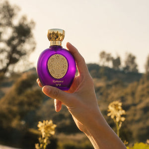 Hand holding ROMANCE N°8 women's perfume bottle 75ml from taif al emarat perfumes - best perfume for women in Dubai