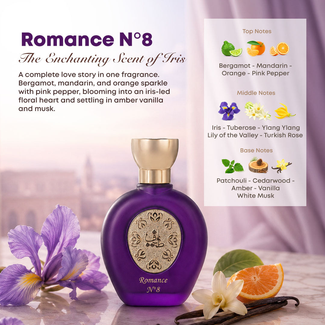 ROMANCE N°8 women's perfume bottle 75ml, with perfume ingredients, bergamot, mandarin, orange, pink peppercorn, iris, tuberose, ylang ylang, lily of the valley, turkish rose, patchouli, cedarwood, amber, vanilla, white musk - best perfume for women in Dubai