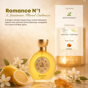 ROMANCE N°1 women's perfume bottle 75ml with perfume ingredients, lemon blossom, jasmine, tuberose, amber - long lasting amber perfume