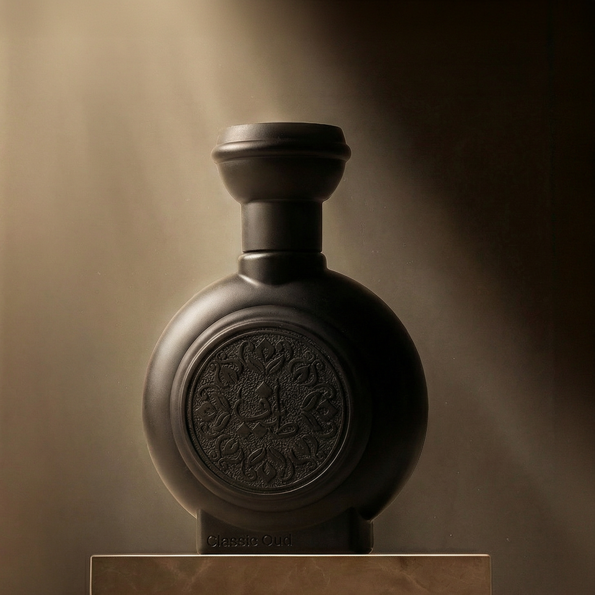 Casual Oud By Taif Al Emarat Perfume Bottle On Pedestal In Moody Light, Abu Dhabi, UAE