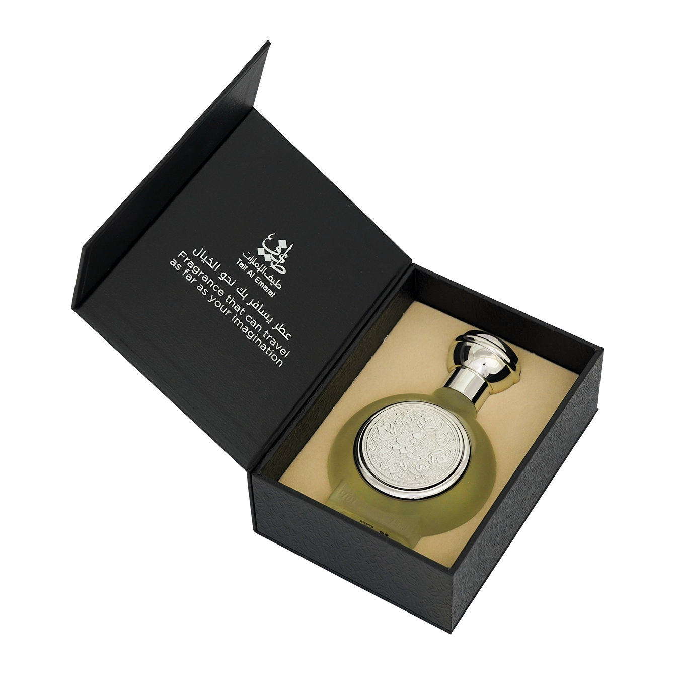 TAIF 01 unisex perfume in open black box revealing silver bottle 75ml, fragrance UAE