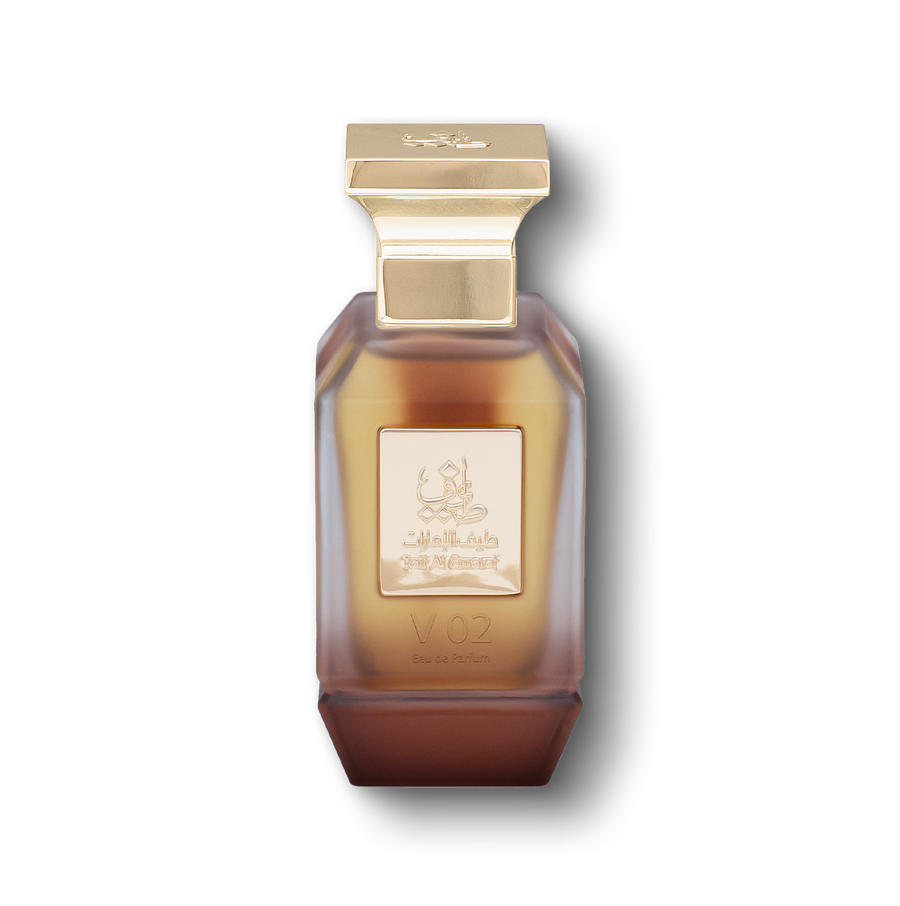 V02 unisex perfume bottle 75ml, with a golden plate embossed with taif al emarat logo - luxury oud oil in uae
