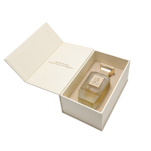 fancy open cream box contains V10 unisex perfume bottle 75ml - best arabian oud fragrance in dubai