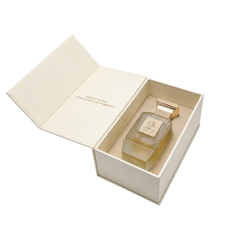 fancy open cream box contains V10 unisex perfume bottle 75ml - best arabian oud fragrance in dubai