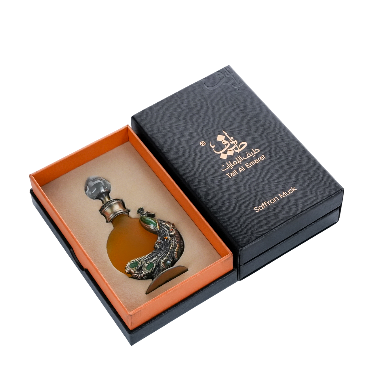 PEACOCK P002 oriental oil bottle 12ml displayed in fragrance box - elegant oud oil perfume