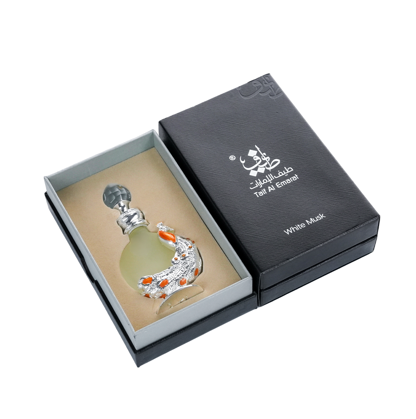 PEACOCK P004 oriental oil bottle 12ml shown in fragrance box - fragrant white musk perfume oil in uae